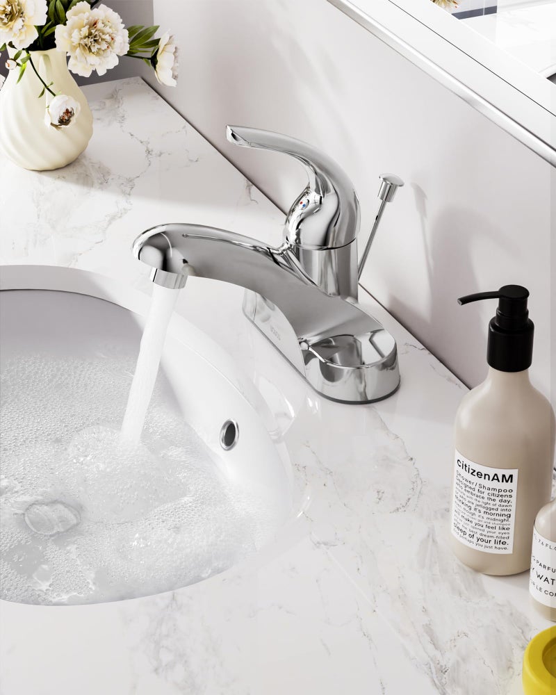 WOWOW Bathroom Faucet 1 Handle Low Arc Single Handle 4 inch Centerset Bathroom Sink Faucet with Lift Rod Drain Assembly Basin Mixer Tap Chrome Vanity Taps - Image 2